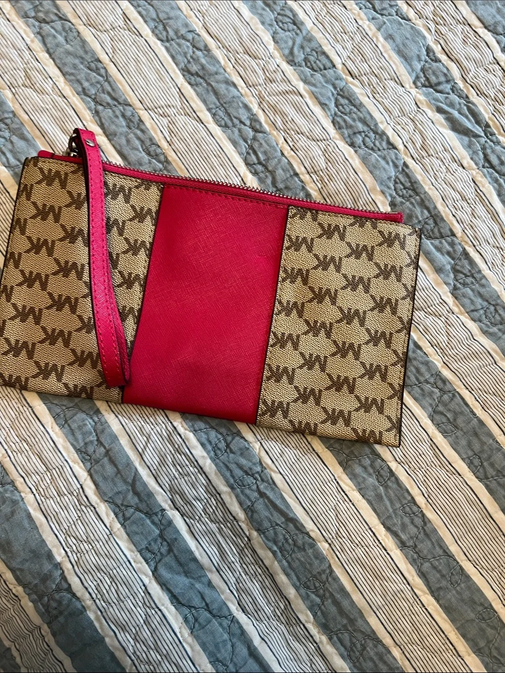 Michael Kors Brown Monogram Wristlet with PINK Center Panel